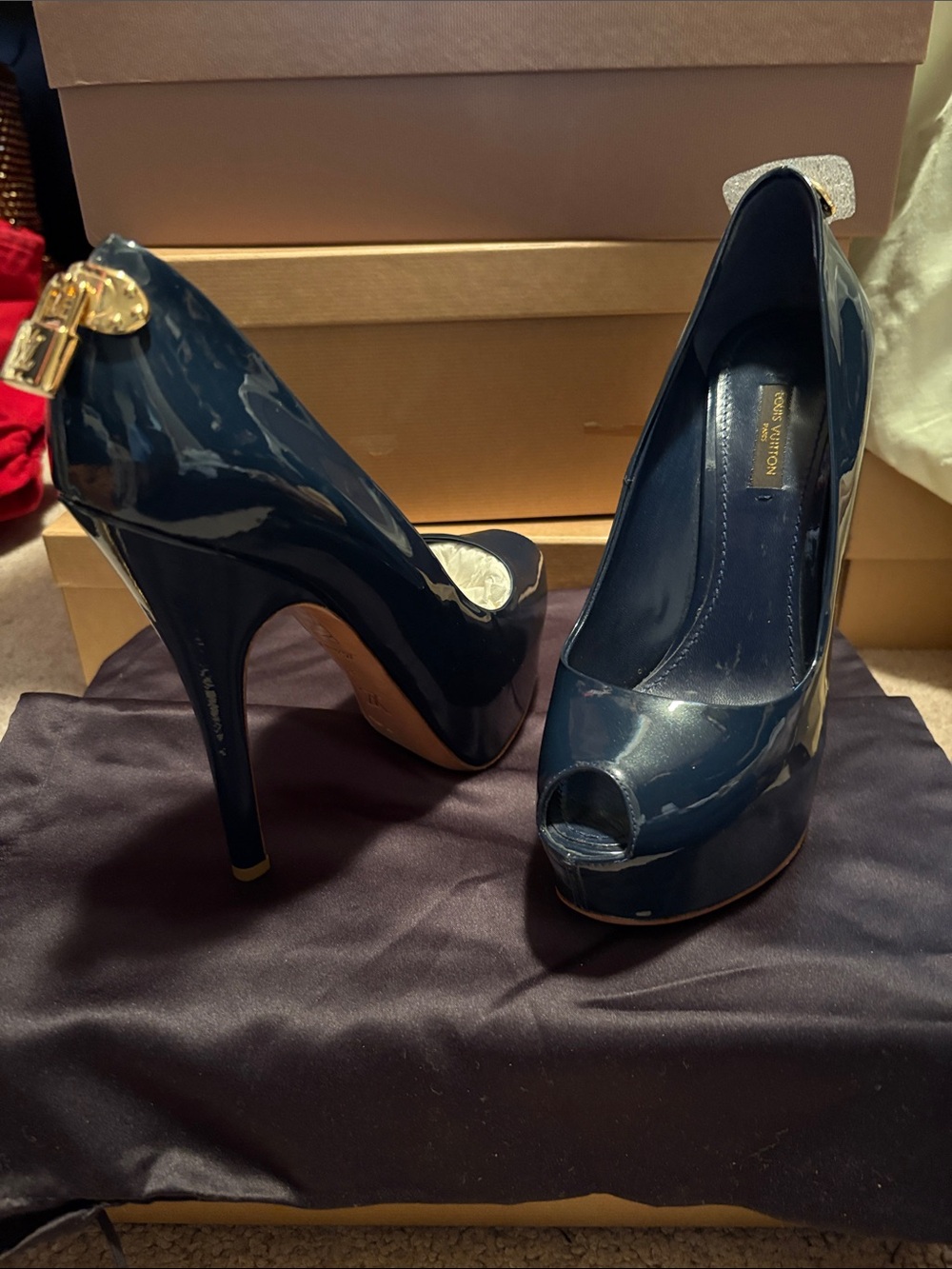 Louis Vuitton Navy Patent Leather Peep-Toe Platform Heels with Gold Accent